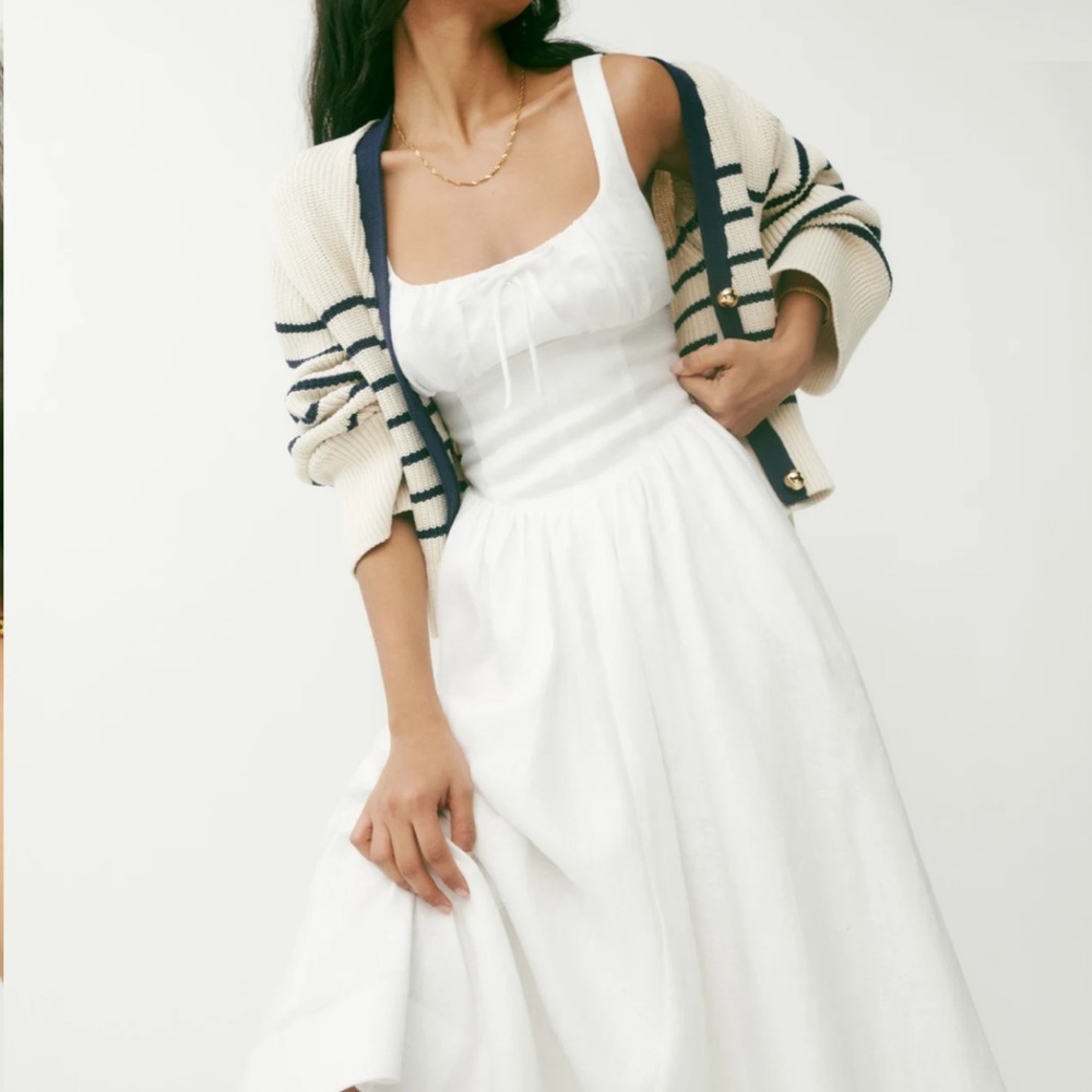 Reformation White Dress with Striped Cardigan